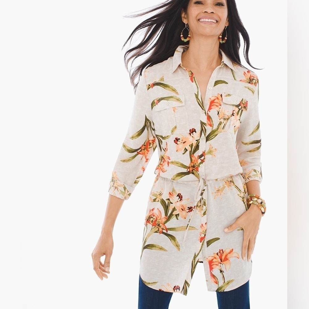 Chico's Cream Floral Tie-Waist Tunic with Green Leaves and Coral Blooms nice